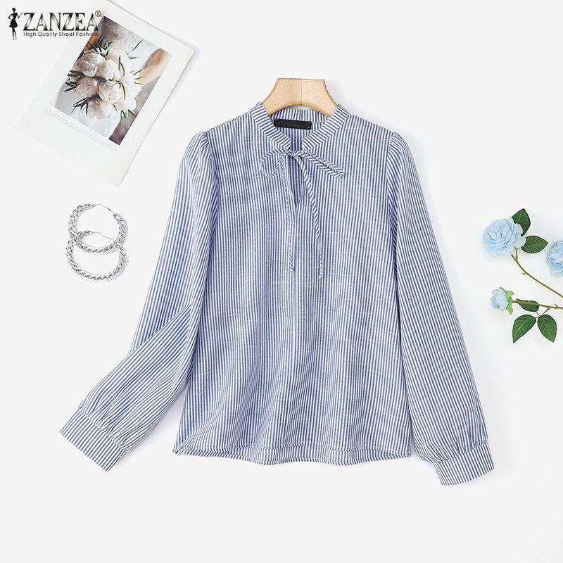 ZANZEA Women Casual V-Neck Loose Long Sleeve Stripe Blouse