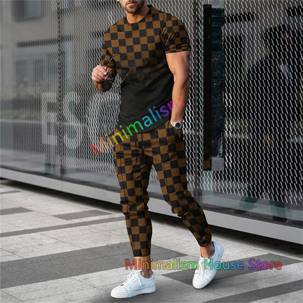Fashion Men Trousers Tracksuit Stripe Printed Jogger Sportswear Short Sleeve T Shirt +Long Sweatpants 2 Piece Sets Men Clothes