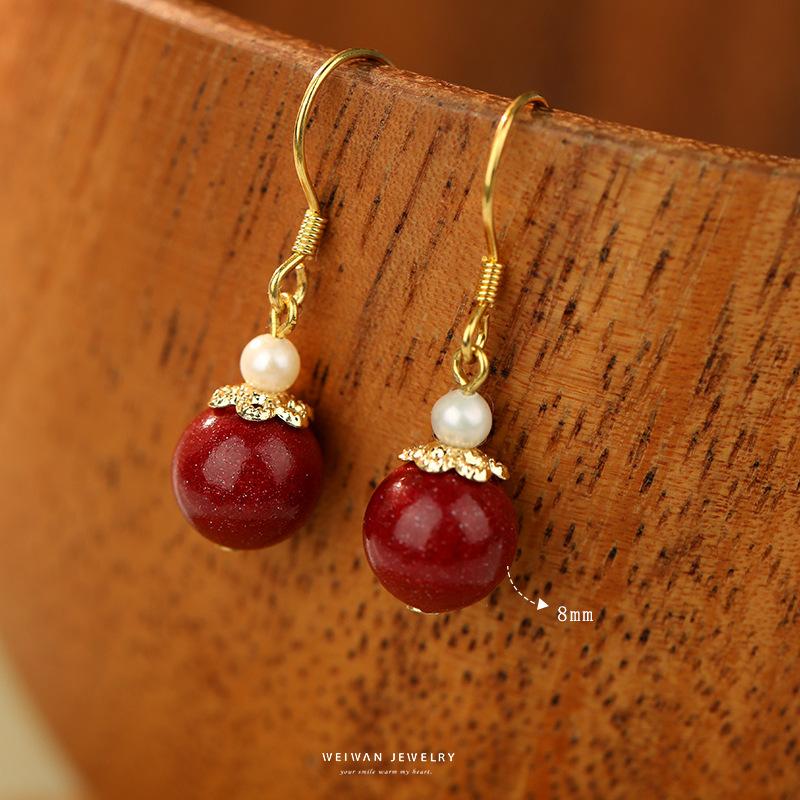 

Shangyangchun Natural Cinnabar Women s Model9Silver New Chinese Style Earrings, Red New Chinese Style Ear Jewelry, Unique Gift 8mm a Pair Purple gold sa