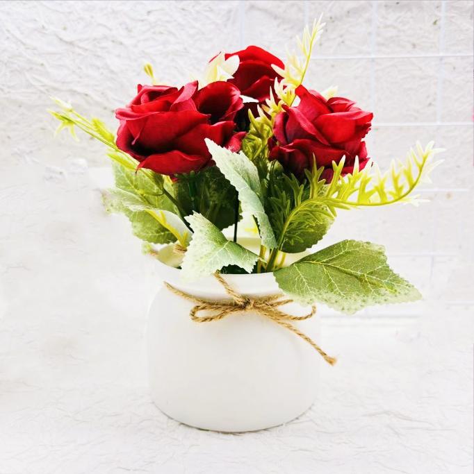 1pc Artificial Flower Potted Three Roses Small Flanged Bonsai Combination Simulated Plant Bonsai Home Decor Desktop Decoration