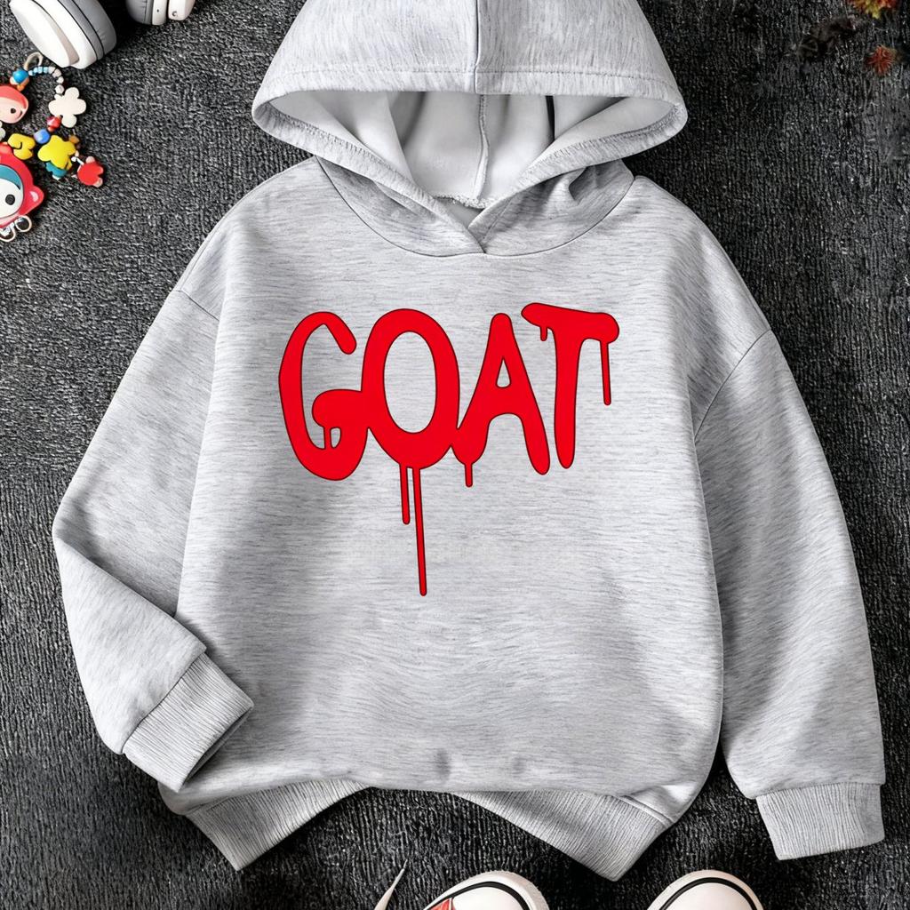 Girls' Hooded Sweatshirt - Halloween Themed Hoodie with Creative GOAT Letter Print, Unisex Holiday Gift, Cartoon Fashion Design