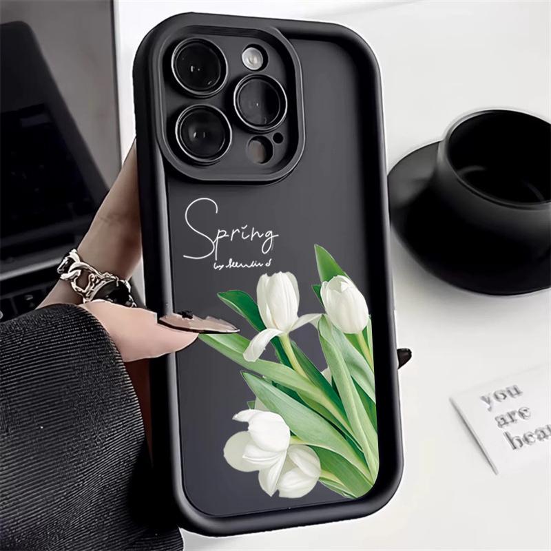 

Tulip Flower Silicone Phone Case For iPhone 16 11 12 13 14 15 Pro Max X XS 7 8 Plus SE 2020 Shockproof Bumper Candy Cover Fundas iPhone 16 Plus чёрный