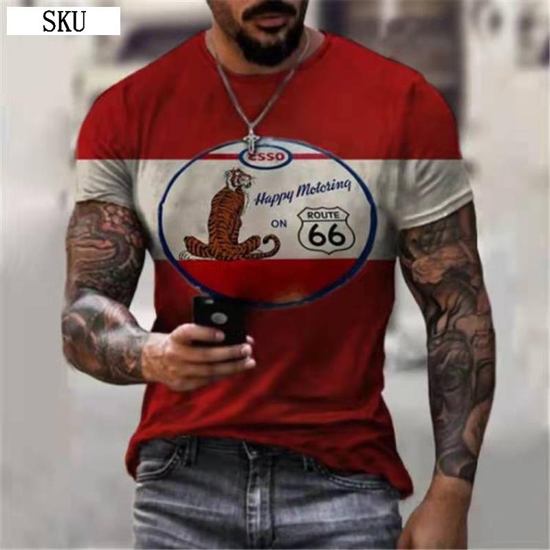 Summer Round Neck 3D Route 66 America Highway Print Top Fashionable Casual Short Sleeved Men's T-shirts