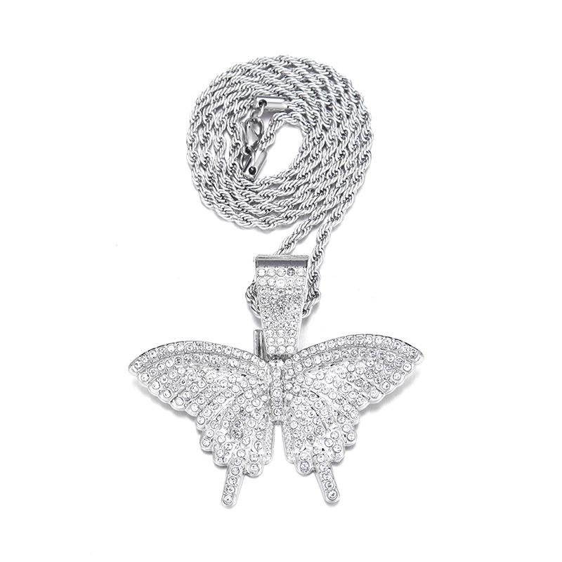 Trendy Rhinestone 3D Butterfly Pendant Cuban Chain Men s Hip Hop Rapper Necklace