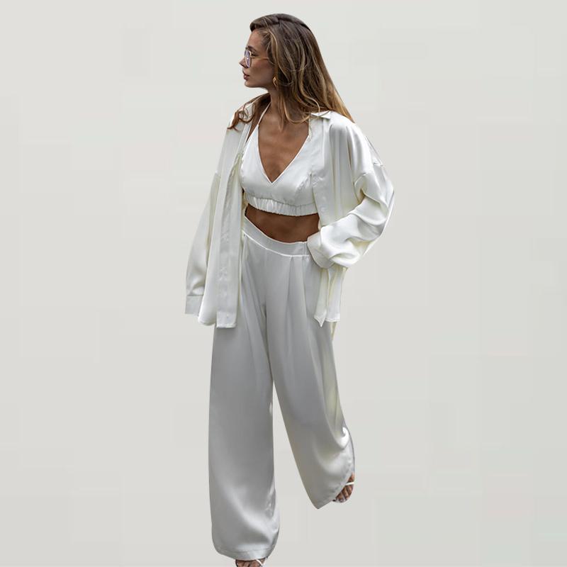 Elegant Silk Shirt Bra Pants Sets 3 Pieces Women Casual Single Breasted Lapel Loose Shirts Corset Straight Trousers Suits Female