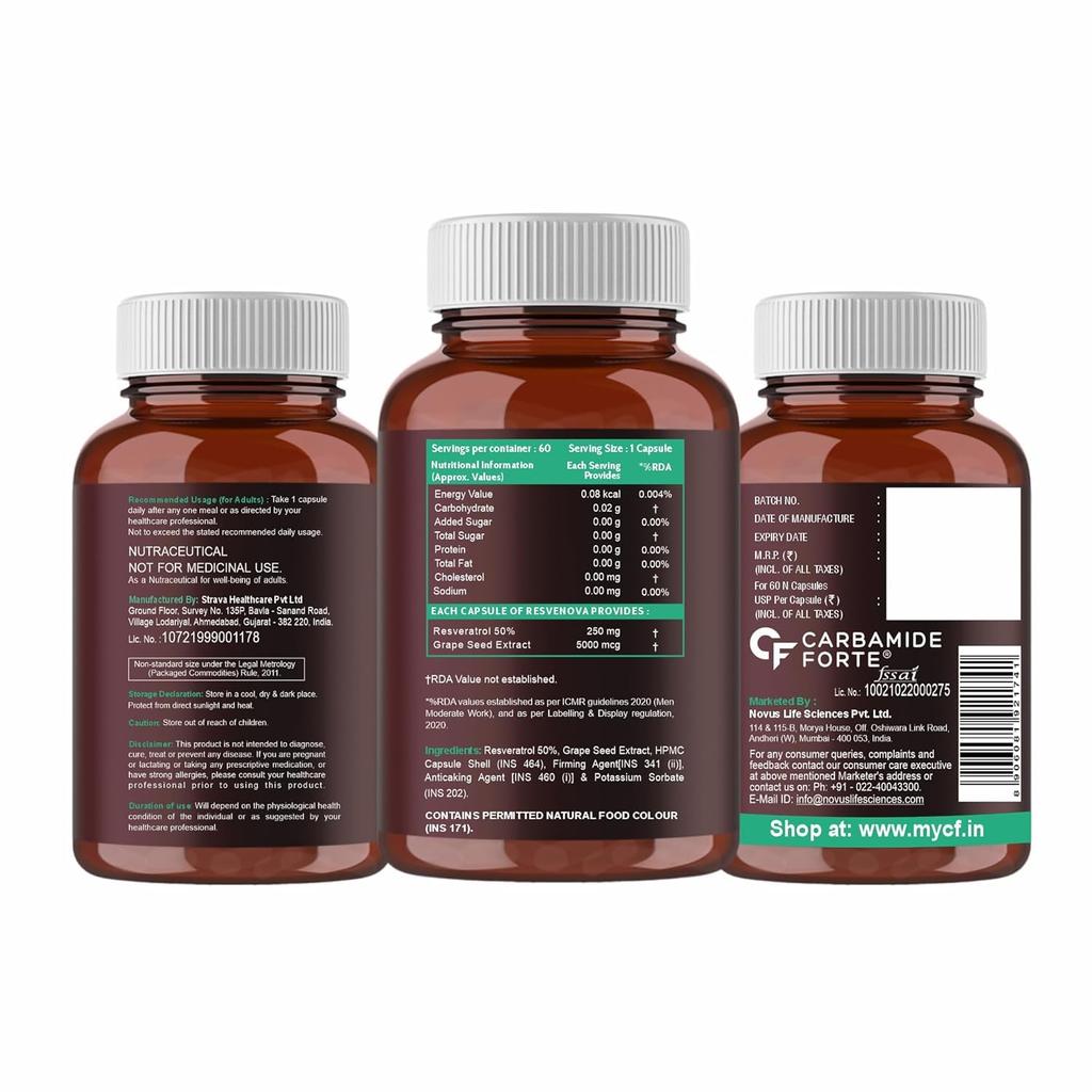 Carbamide Forte Resveratrol 250mg with Grape Seed Extract 60 Veg Capsules Pack of 1 for Heart and Cognitive Support