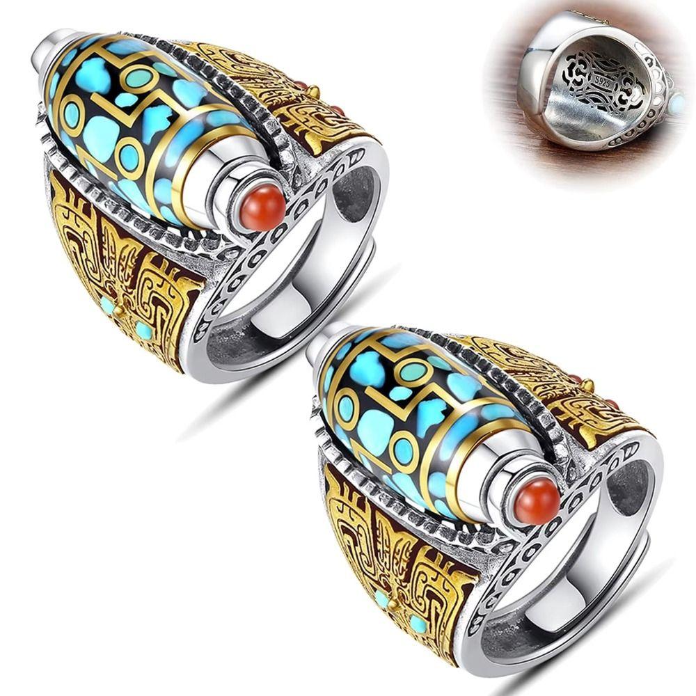 Open Luck Ethnic Style Ring Six-character Mantra Rotatable Finger Ring Nine Turns Dzi Ring For Men