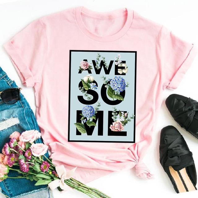 Fashion Women T Shirt Flower Printed T Shirt Casual Black Tops 90s Ladies Girl Tee Shirt Female Harajuku Graphic T -Shirt