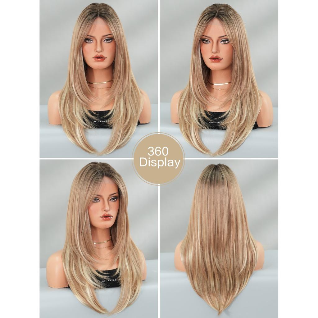 Asian Babe Highlight Blonde Small Lace Wig - Layered Inward Straight Hair Natural Part, Quick Beauty Full Cap, Daily Party Styling