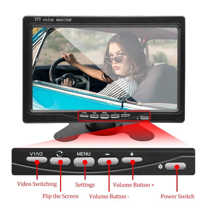 Hippcron 7 Inch Car Monitor Screen Rear View Support Camera Digital 2 Way Video Input Reversing Image TFT LCD Parking System