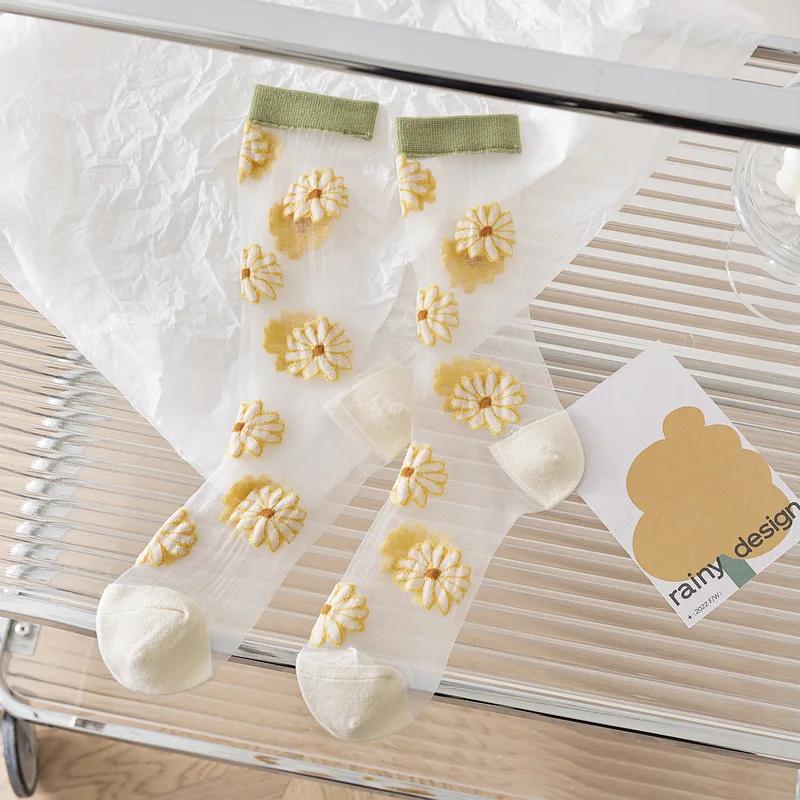 See Through Transparent Nylon Long Socks Women Summer Ultra-thin Breathable Crystal Silk Socks Embroidery Floral Cute Lace Socks