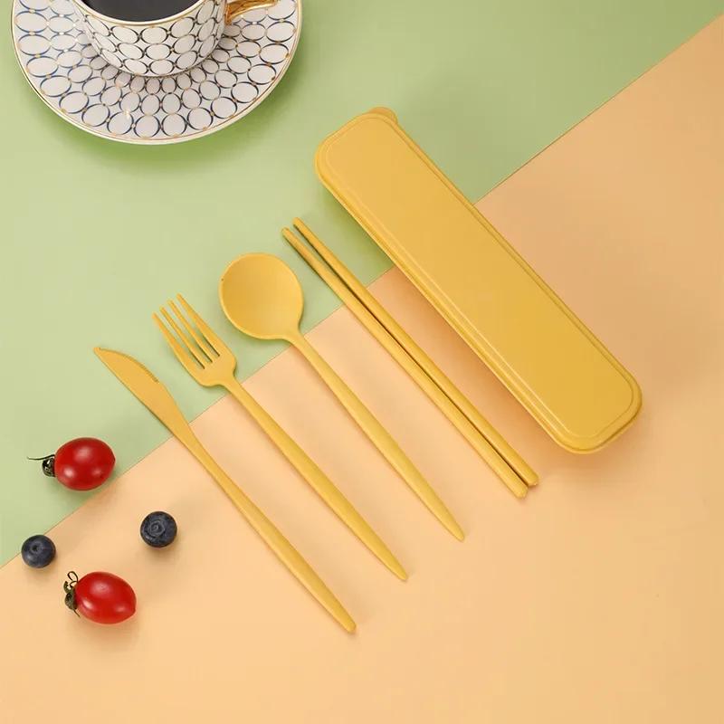 Tableware Spoon Fork Chopsticks Knife Cutlery with Box for Children Adult Travel Portable Wheat Straw Tableware