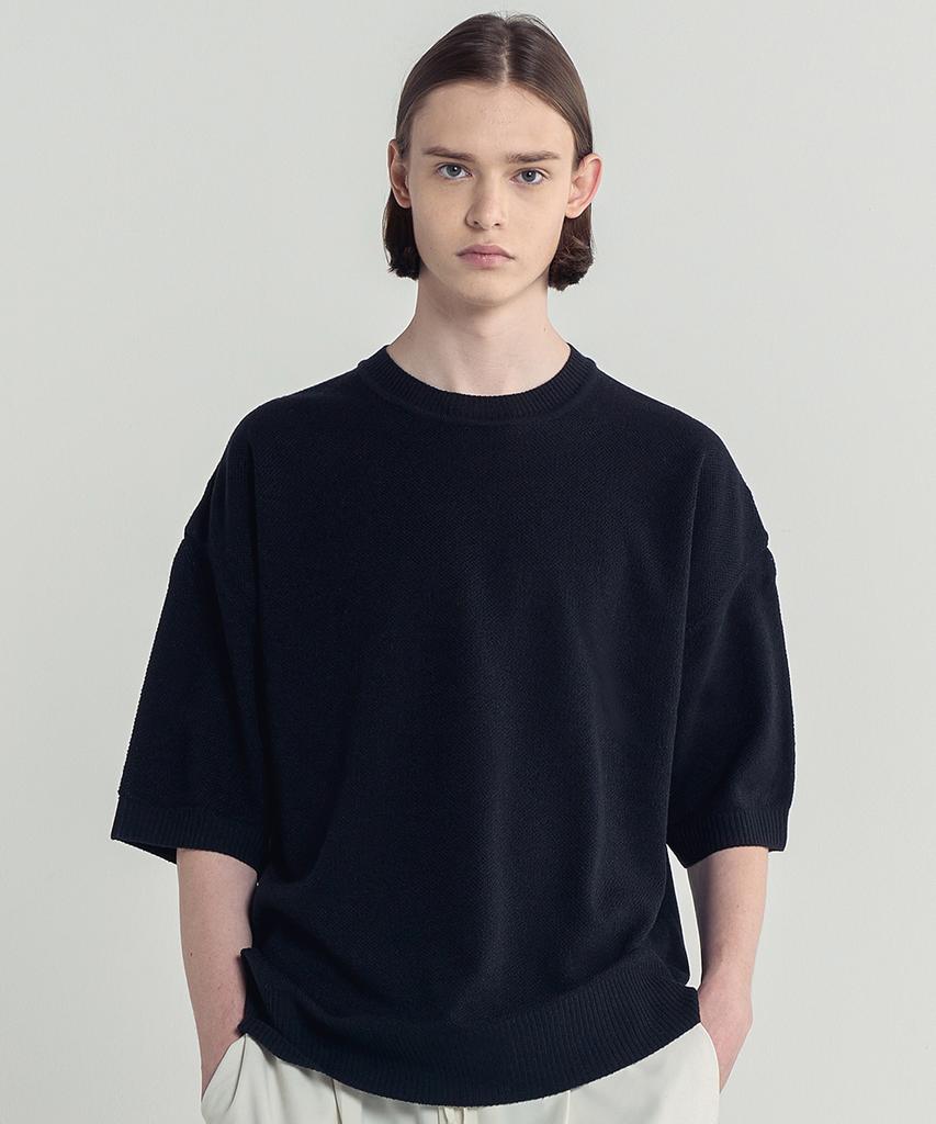 BLOND9 Mesh Pk Round Neck Short Sleeve Knit_Black