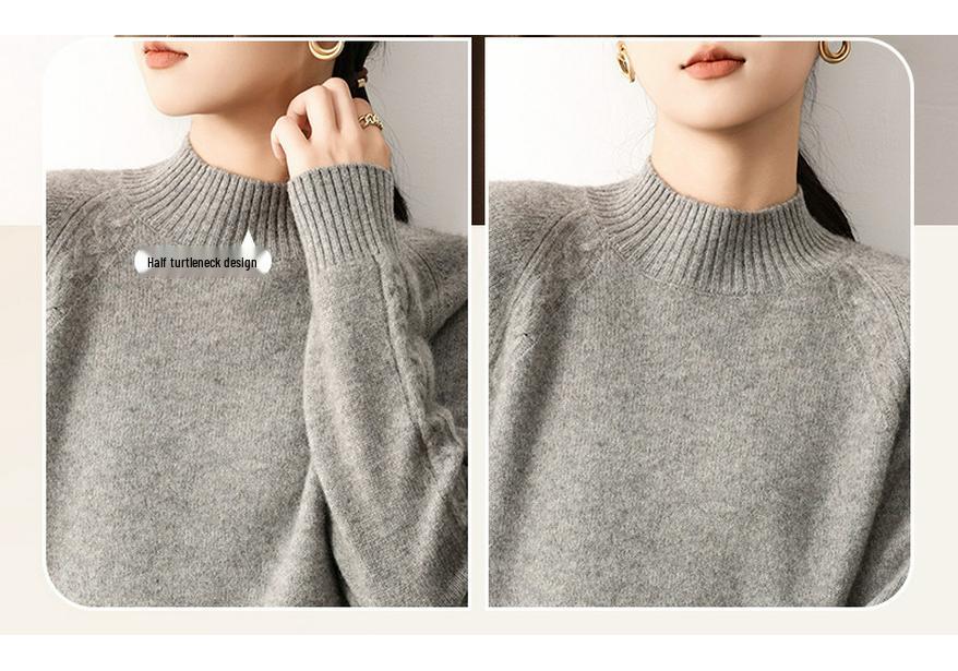 Women's Yak Wool Cable Knit Sweater, Autumn 2026, Half-High Neck, Elegant Style, Solid Color, Thick Pullover Sweater