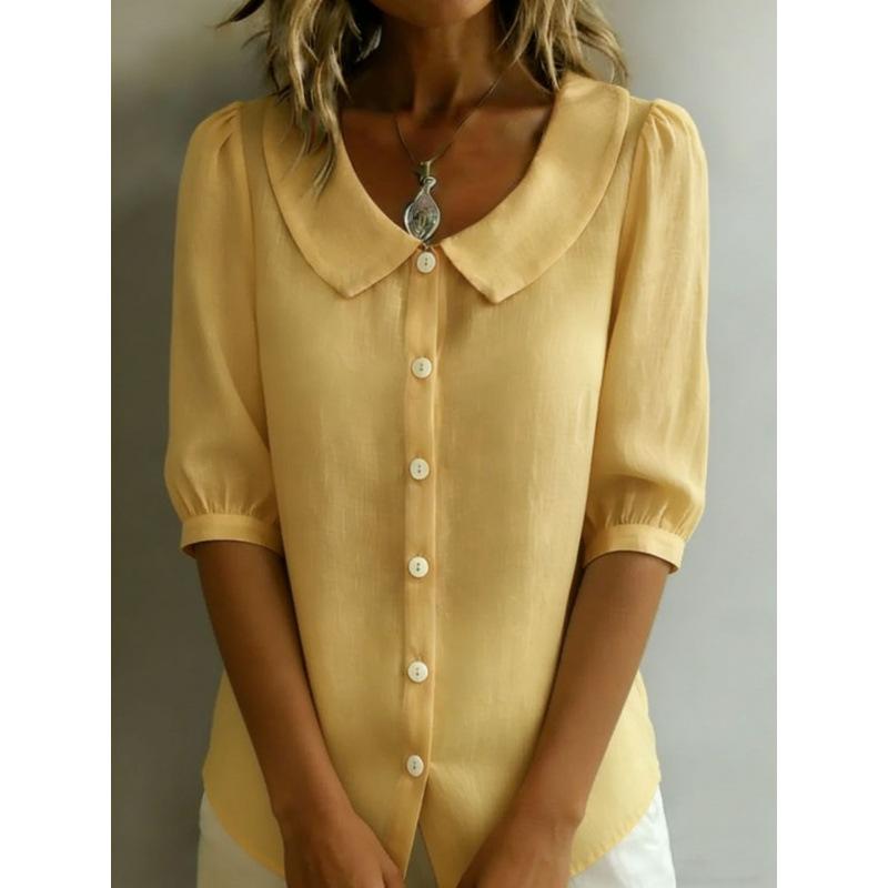 Camicia Casual da Donna a Maniche Lunghe, Colore Unito, Collo a Bambola, Bottoni