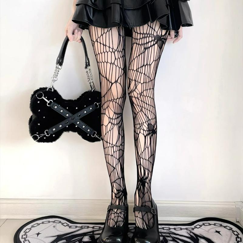 Gothic Dark Tights Sock Hollow Out Mesh Tight Stockings Fishnet Sexy Pantyhose Skull Spider Web Patterned Nylon Stretchy Hosiery