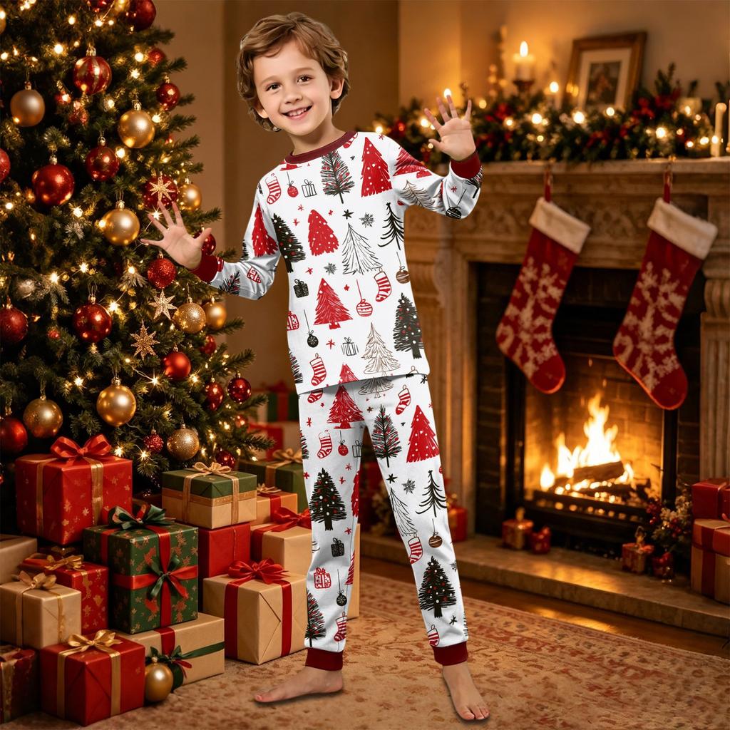 Christmas Printed Family Matching Long Sleeve Neck Loungewear Set for Parents and Kids