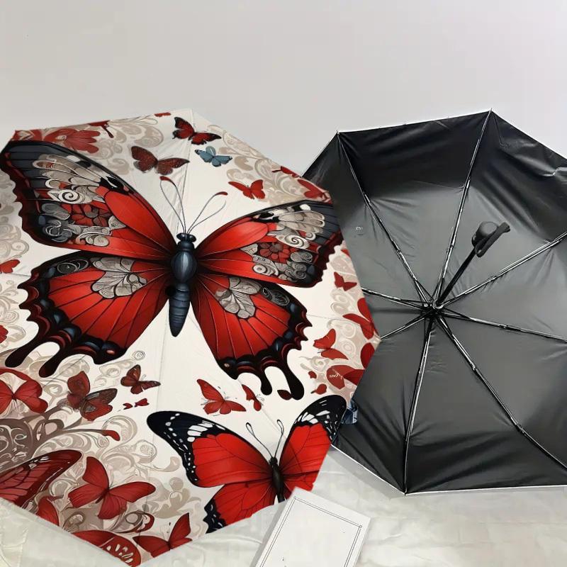 1pc Butterfly Pattern Automatic Open/Close Umbrella Compact Folding Umbrella with 8-Rib Shaft for Women/Men, Elegant Birthday1325S