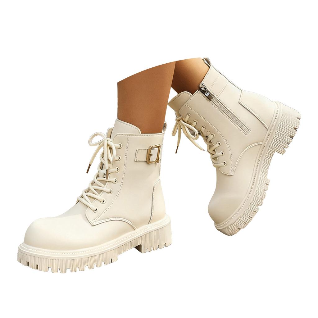 Women's Fashionable Casual Front Lace Up Adjustable Fleece Lined Thickened Warm Ankle Boots Women's Leather Boots
