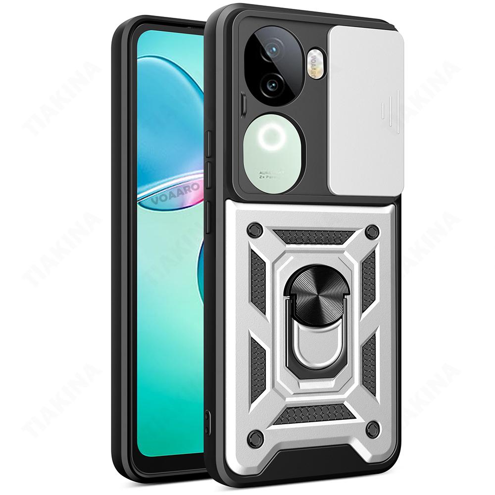 

Slide Lens Armor Funda for Vivo IQOO Z9S 5G Global Case Magnetic Ring Stand Holder Cover for Vivo V40E 5G Global Case Back Capa IQOO Z9S 5G Global серебряный