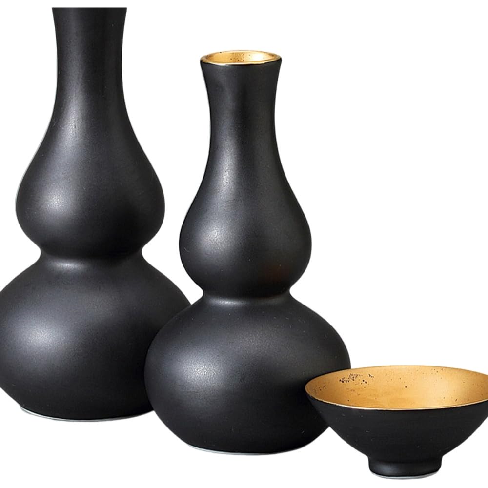 Sake Sake Bottle and Chock 7cm x 14cm Black Glazed Small Sake Bottle and Chock Set Mino Ware Pottery Ale-net Set, Set, H, Approx. 160cc, (2 pieces),