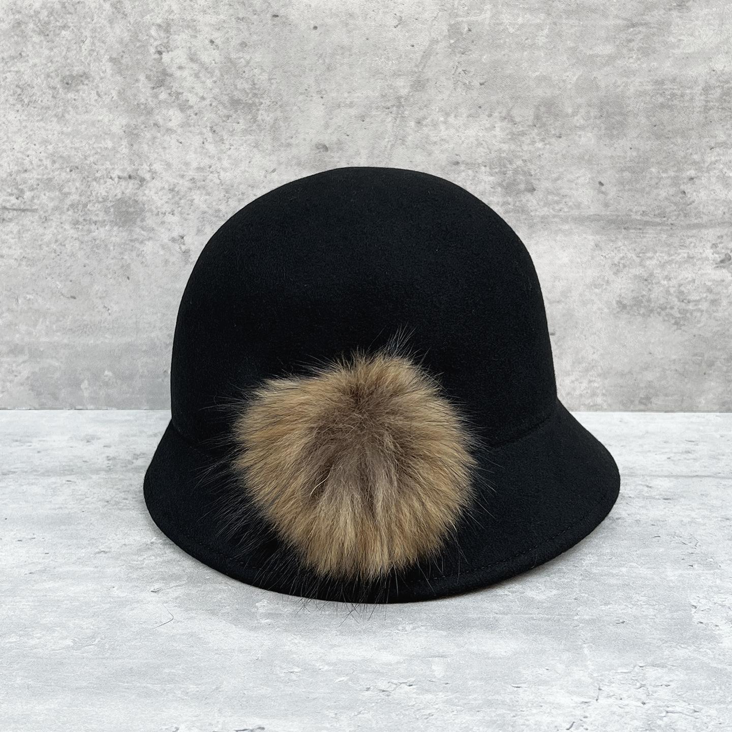 

British Elegant Autumn And Winter Wool Top Hat Women S Exquisite Australian Hair Bucket Hat Irregular Brim Basin Hat Big Fox Hairball