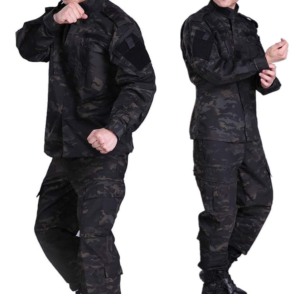 Multicam Black Camouflage Clothes Top and Bottom Set BDU Jacket Pants Military Survival Game Combat Clothes [GUN FREAK] (L)