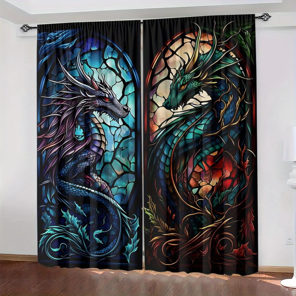 2 PEZZI - Tende stampate digitali ad alta definizione con drago blu e verde   design con passanti per bastone   decorazione per la casa   decorazione della stanza