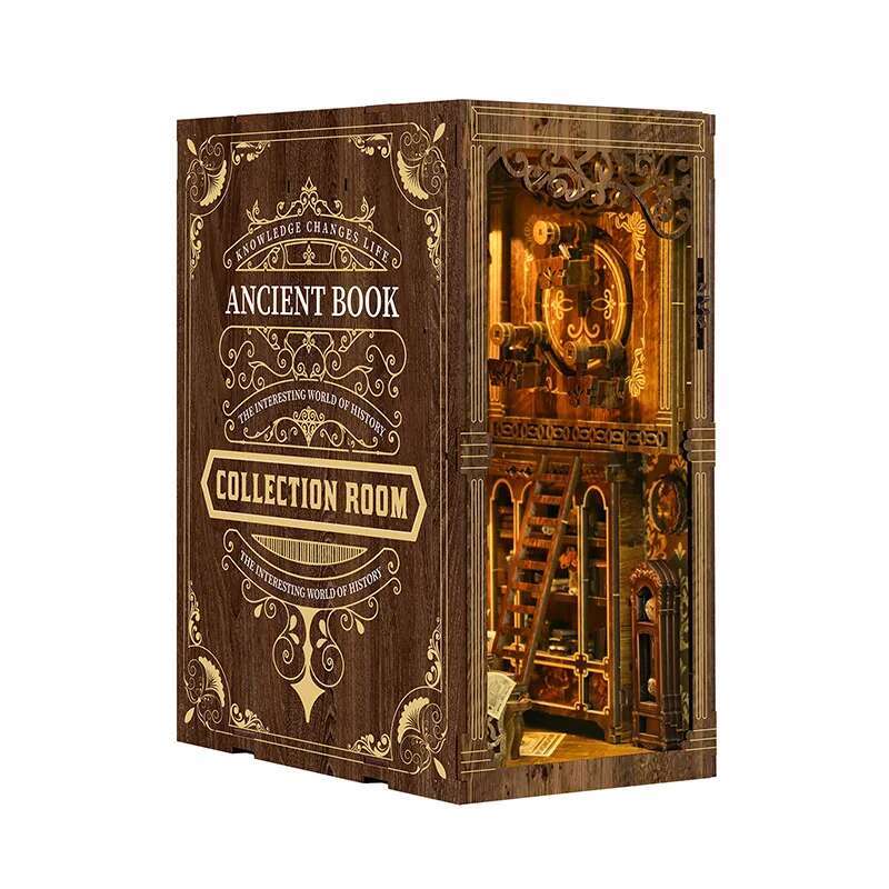 DIY Wooden Antique Book Collection Room Book Nook Shelf Insert Miniature Model Kits With Light Bookshelf Bookend Friends Gifts
