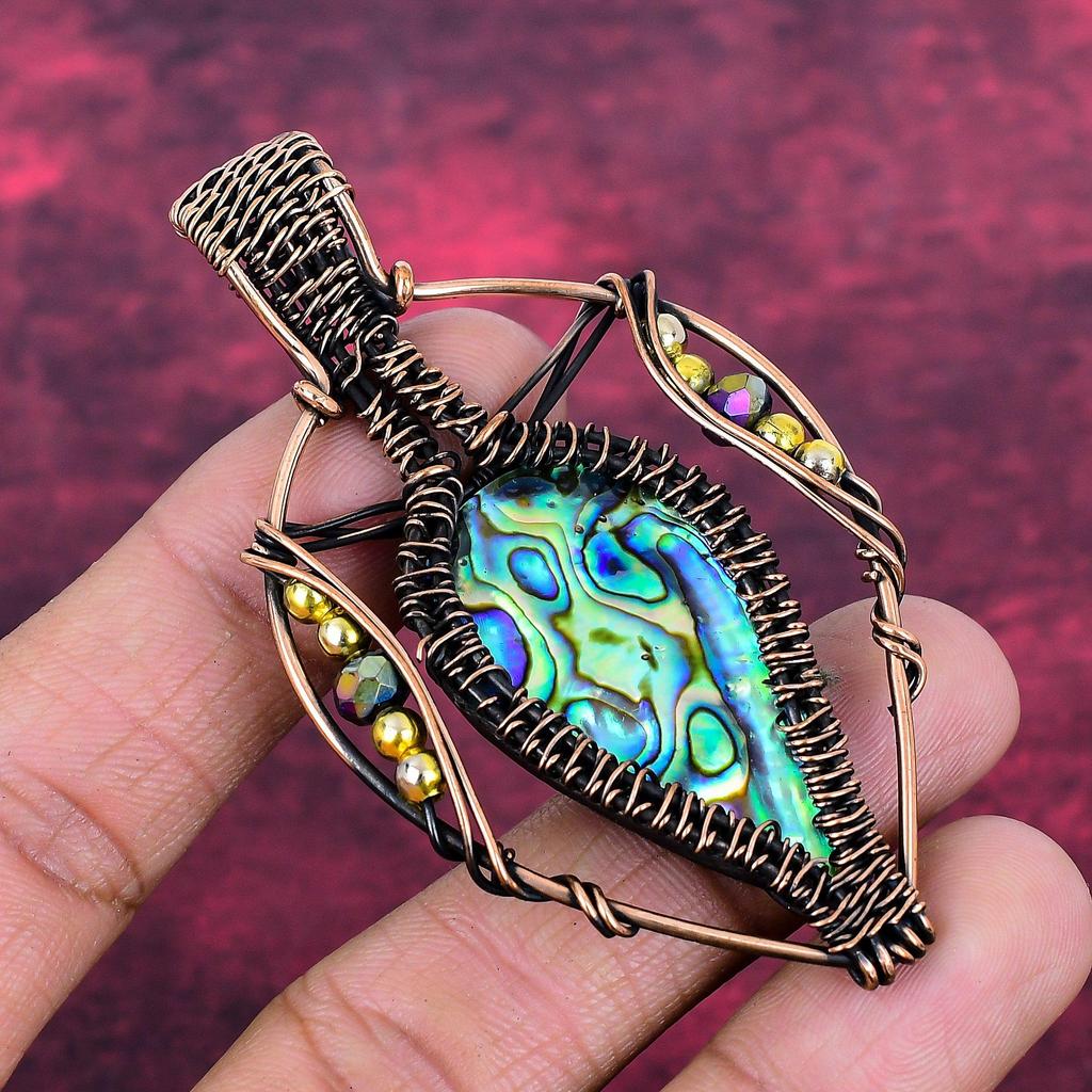 Abalone Shell Pendant Handmade Natural Gemstone Pendant Copper Wire Wrapped Jewelry