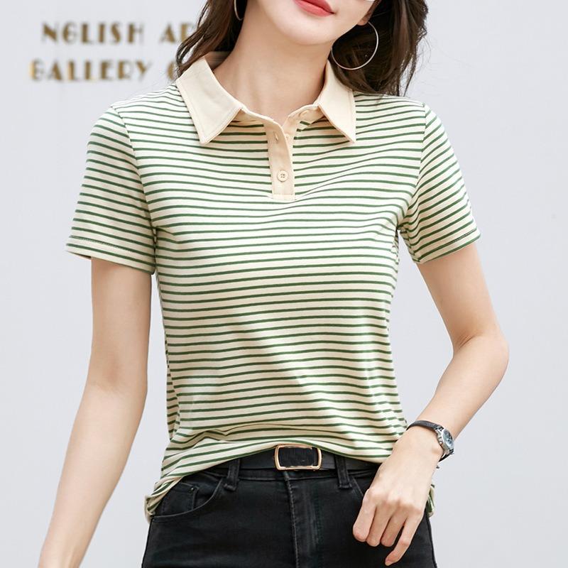 Summer Women's T-shirt Lapel Short-sleeved Comfortable Casual Stripes T-shirt Slimming
