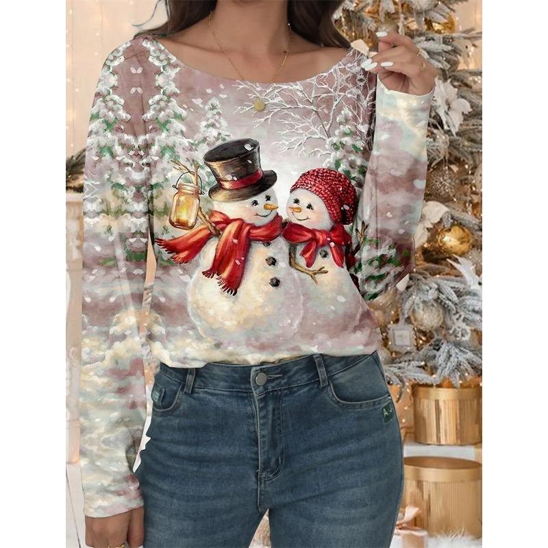 Top cu gât rotund de primăvară și toamnă, cu temă de Crăciun, imprimat 3D, tricouri de damă la modă și casual cu mâneci lungi