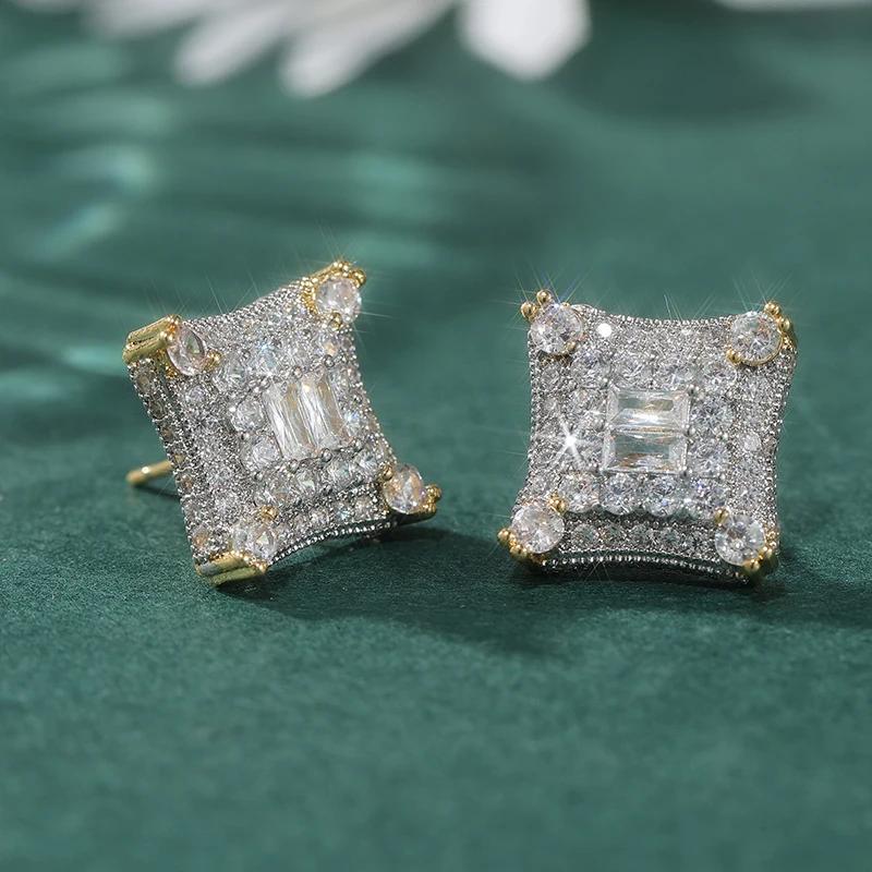 Hip Hop Golden Plated Inlaid Synthetic Zirconia Square Stud Earrings for Men Women Party Daily Versatile Jewelry Crafts