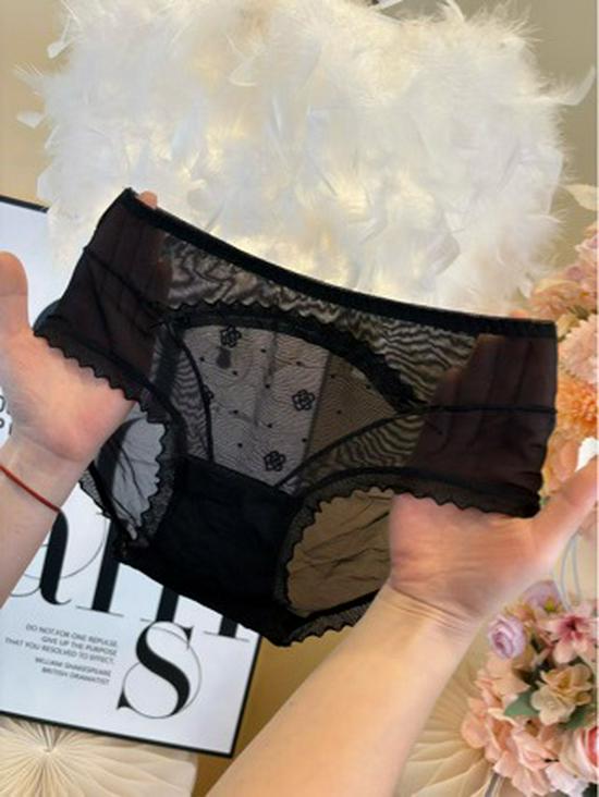New Sexy Black Mesh Lace Mid-Rise Hip-Hugging Triangle Briefs with Mulberry Silk Crotch for Women