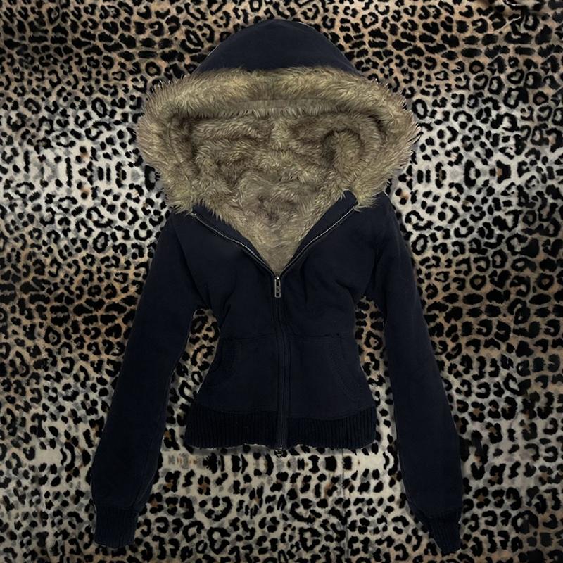 VAYLA Y2K Harajuku Gothic Damen Kapuzenpullover Sexy Schlank Schick Wildleder Pelzkragen Buchstabenprint Strickjacke Sweatshirt Ästhetisch Damen Streetwear