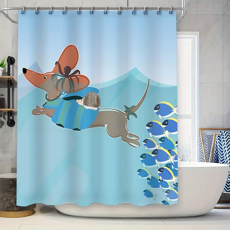 

Cartoon Dachshund Sea Adventure Shower Curtain Cute Dog With Spider Bathroom Decor Waterproof Polyester Curtain With Hooks W60H190(CM)-1 Pcs