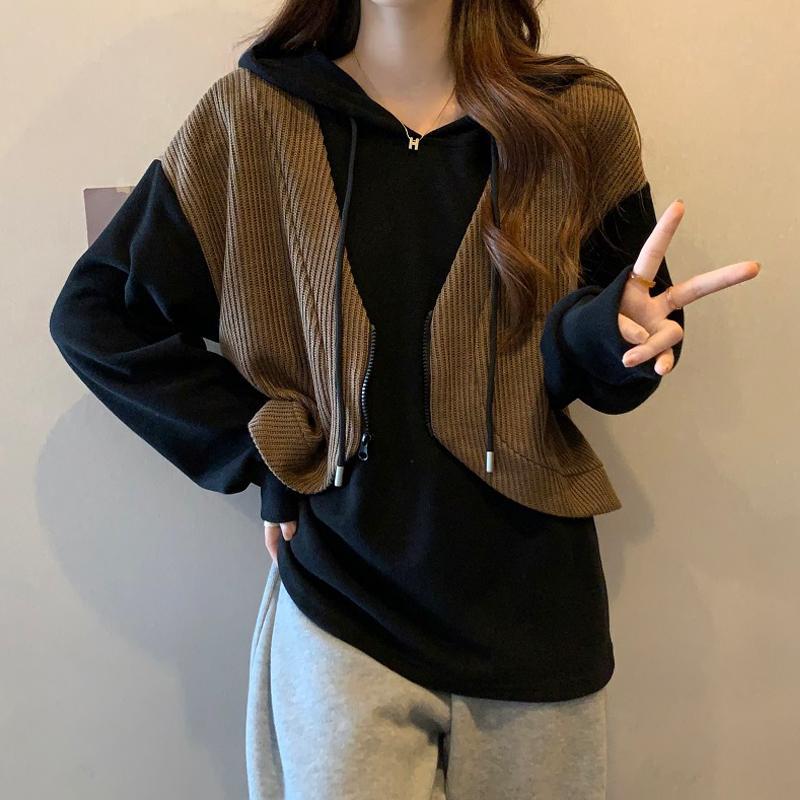 New Style Autumn and Winter Women's Contrasting Color Hooded Long Sleeve Fake Two Pieces Oversized Fashionable Casual Tops