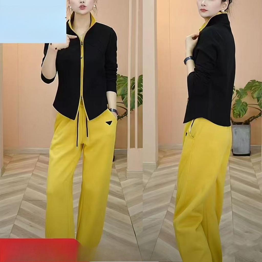 Spring Fashion Casual Sportswear Set - Elegant Stand-up Collar Long-sleeved Top, Straight-leg Pants - Two-piece Set
