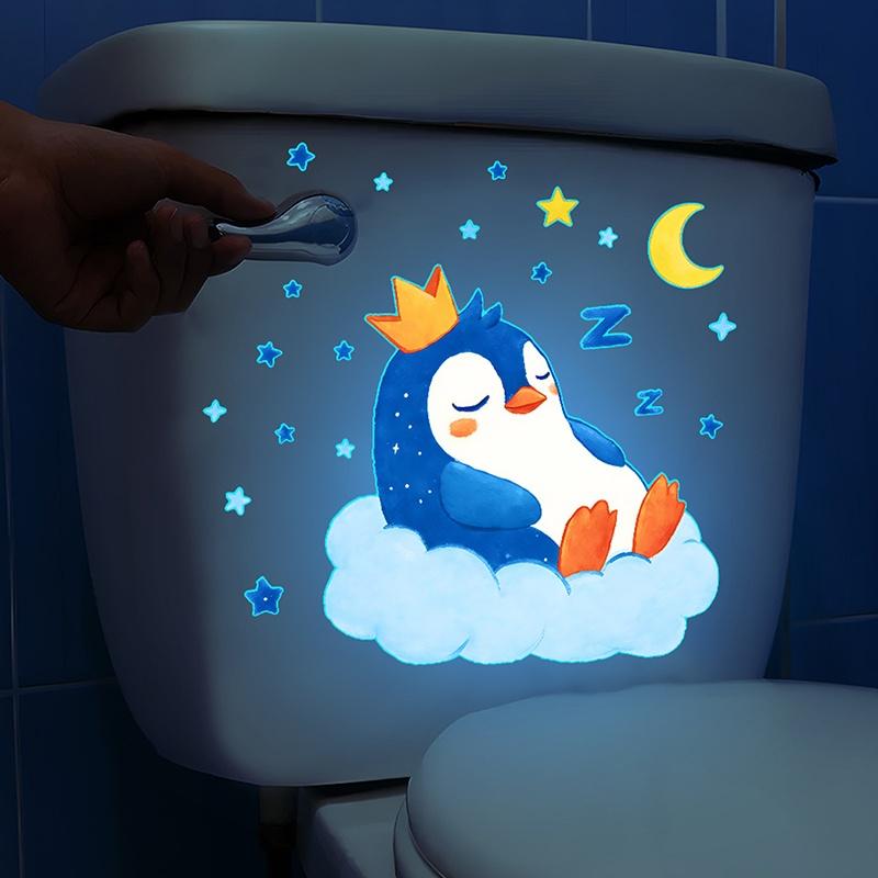 Glow-in-the-Dark Penguin Toilet Stickers Self-Adhesive Removable PVC Bathroom Decoration Wall Windows Car Decals