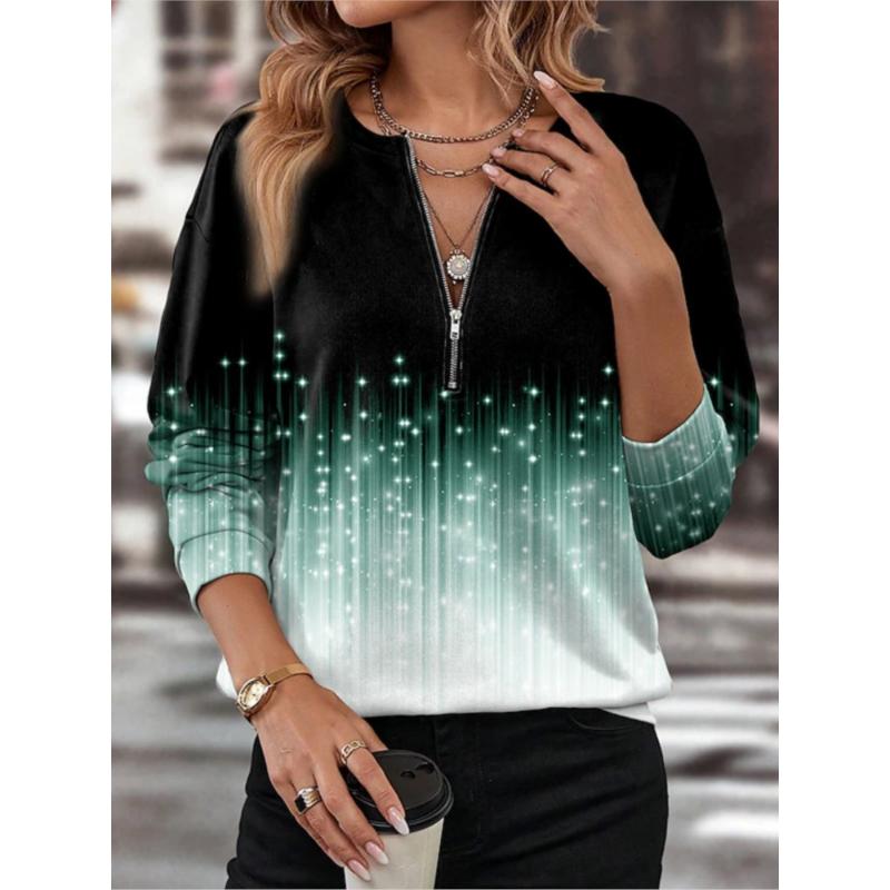 T-shirt Top Mode Imprimé pour Femme Haut Décontracté Col en V Manches Longues Fermeture Éclair Pull T-shirts Hauts Pour Femmes Vacances Bureau Vêtements pour Femmes Nouveau
