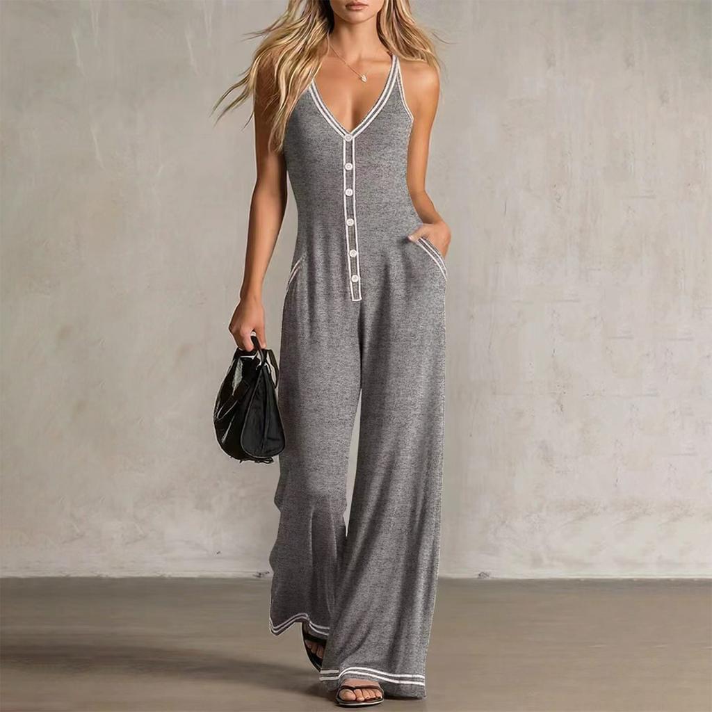 Damen ärmelloser Jumpsuit V-Ausschnitt Knopfleiste Weites Bein Tasche Lässiger Einteiler Romper