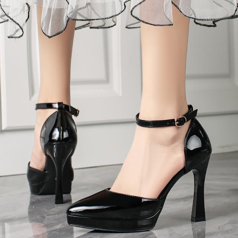 Fashion Sexy High Heel Single Shoes for Women with Buckle Elegant Mary Jane Waterproof Platform Painted Leather Wedding Party Shoes