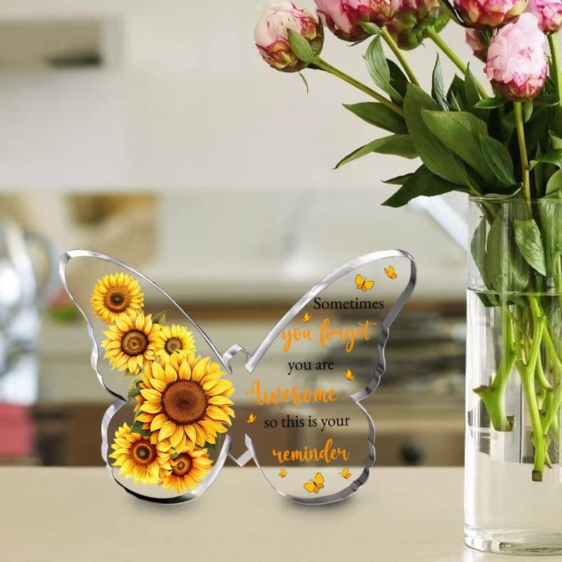 2D Flat Elegant Sunflower & Butterfly Acrylic Inspirational Decorative Plaque, Positive Affirmations - Clear Gift Box Design, Suitable for wall decora