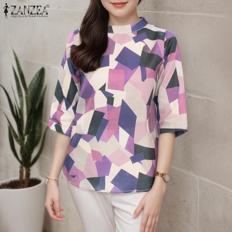 ZANZEA Women Casual Round Neck Loose Half Sleeve Print Blouse