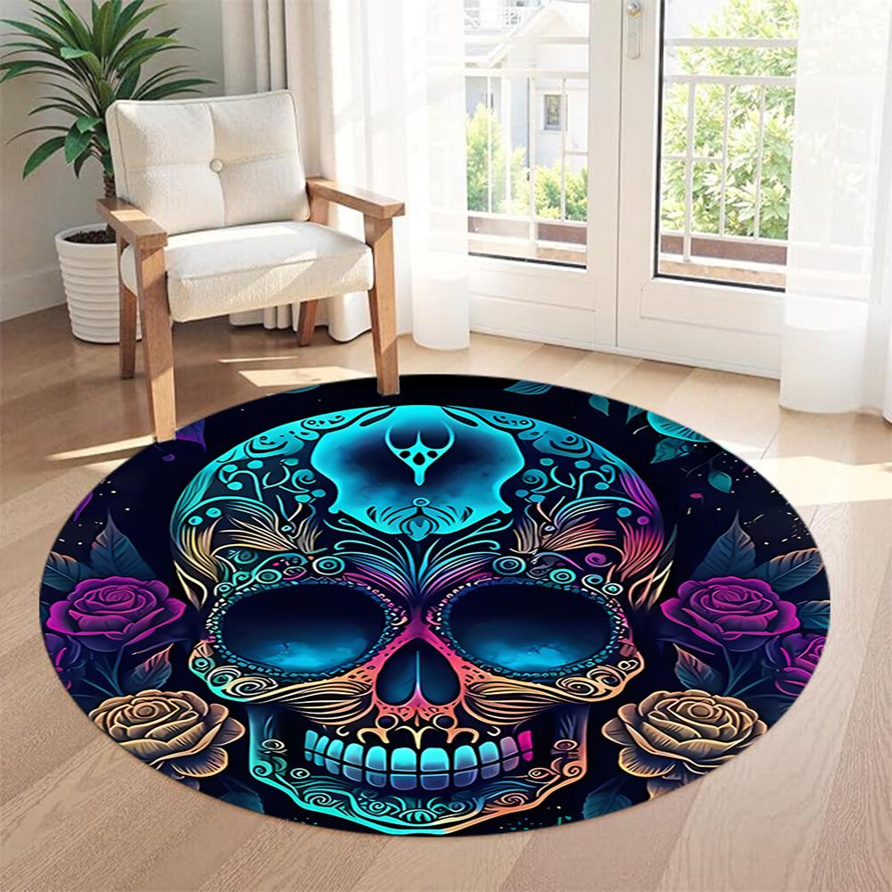 Skull Round Floor Mat Suitable for Outdoor Hallway Entryway Kitchen Antislip Round Carpet Anime Office Decor