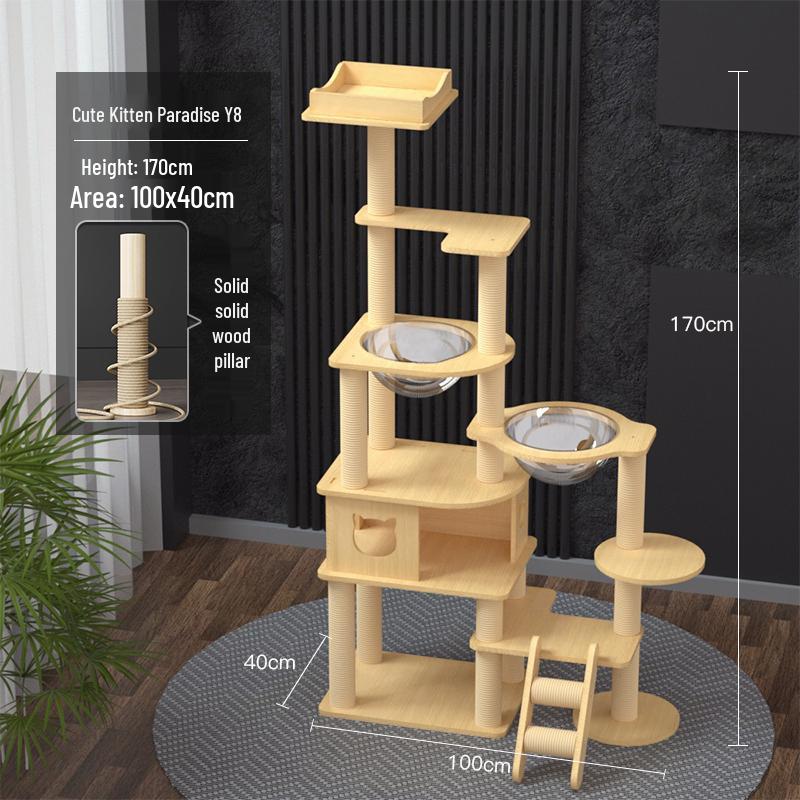 Compact Solid Wood Cat Tree with Climbing Frame & Space Capsule Bed for Large & Small Homes
