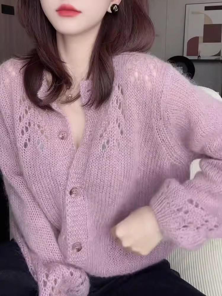 2024 Autumn/Winter Ladies' Pink Hollow Knit Sweater: Long Sleeve Wool Top