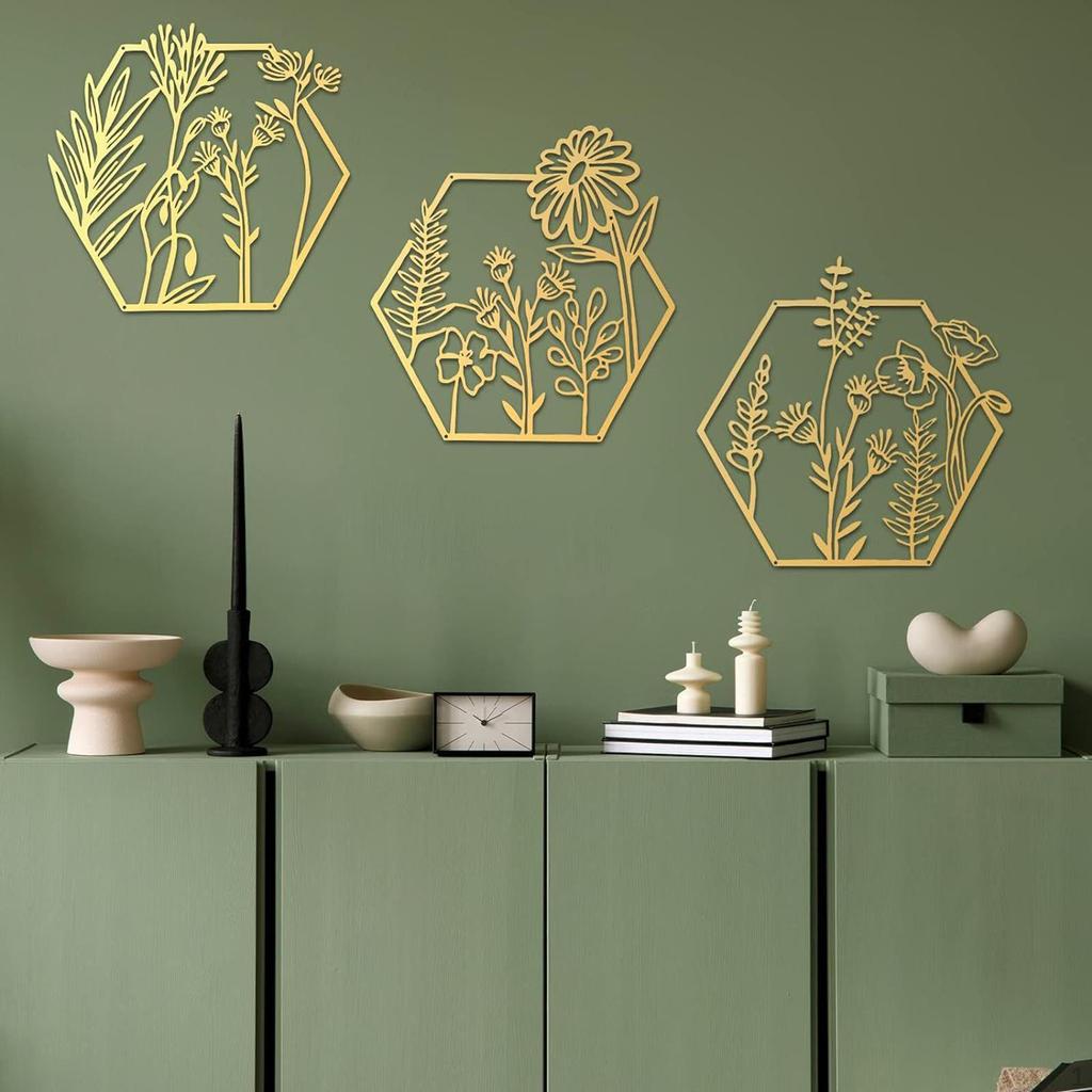 3x Metal Flowers Wall Decor Gold Ornament Art Floral Set Decorating for Porch Housewarming Gifts