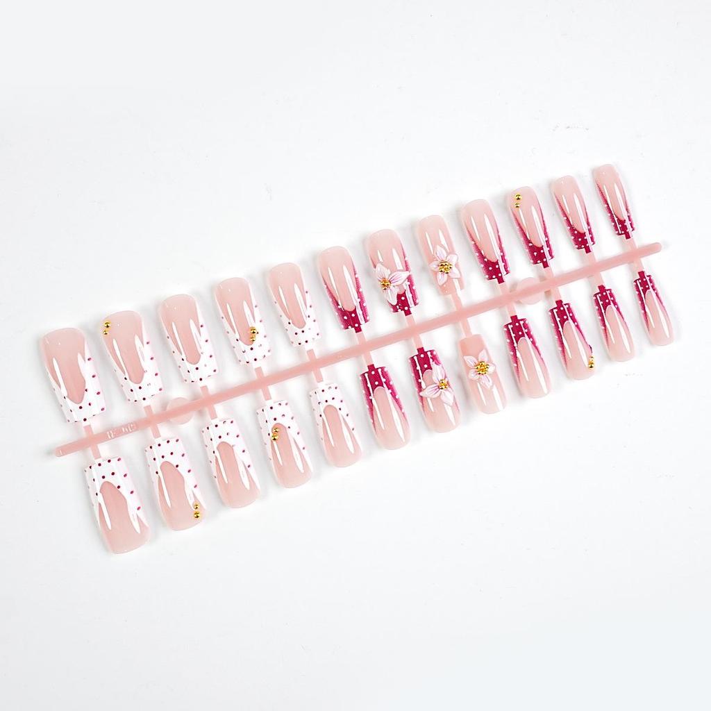 Hand-Set Rhinestone Press-On Nails: Medium Square Tips with 3D Pink Flowers & Gold Accents, 24 Pieces