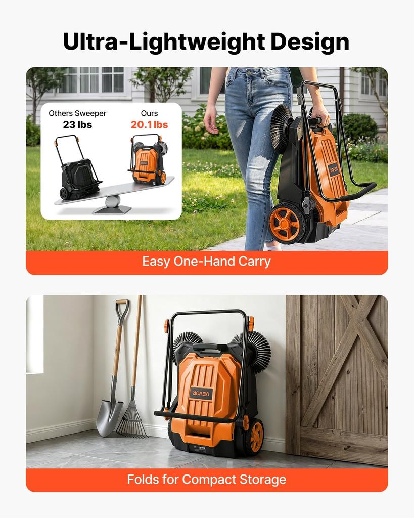 Walk-Behind Hand Push Floor Sweeper, Manual Floor Sweeper Non-Electric with 650mm Sweeping Width, 18.9L Waste Container & Adjustable Folding Handle
